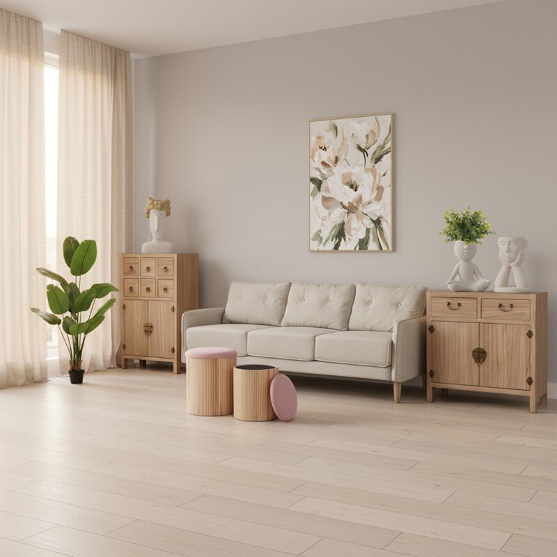 Set 2 Pufs Madera Natural C/tapa Rosa Acolchada Ø36x44cm+ø32x38cm - Image 8