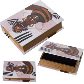 Set 3 Cajas Libros Decoradosmadera Dm/lona Poliéster Afric 30x24x8+24x18x6+18x12x4cm