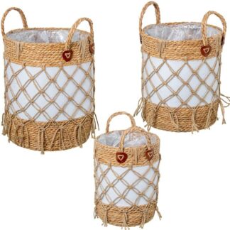 Set 3 Cestos Mimbre Natural Tela Blanca C/flecos Ø33x43+ø30x37+ø24x31cm