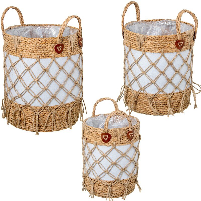 Set 3 Cestos Mimbre Natural Tela Blanca C/flecos Ø33x43+ø30x37+ø24x31cm