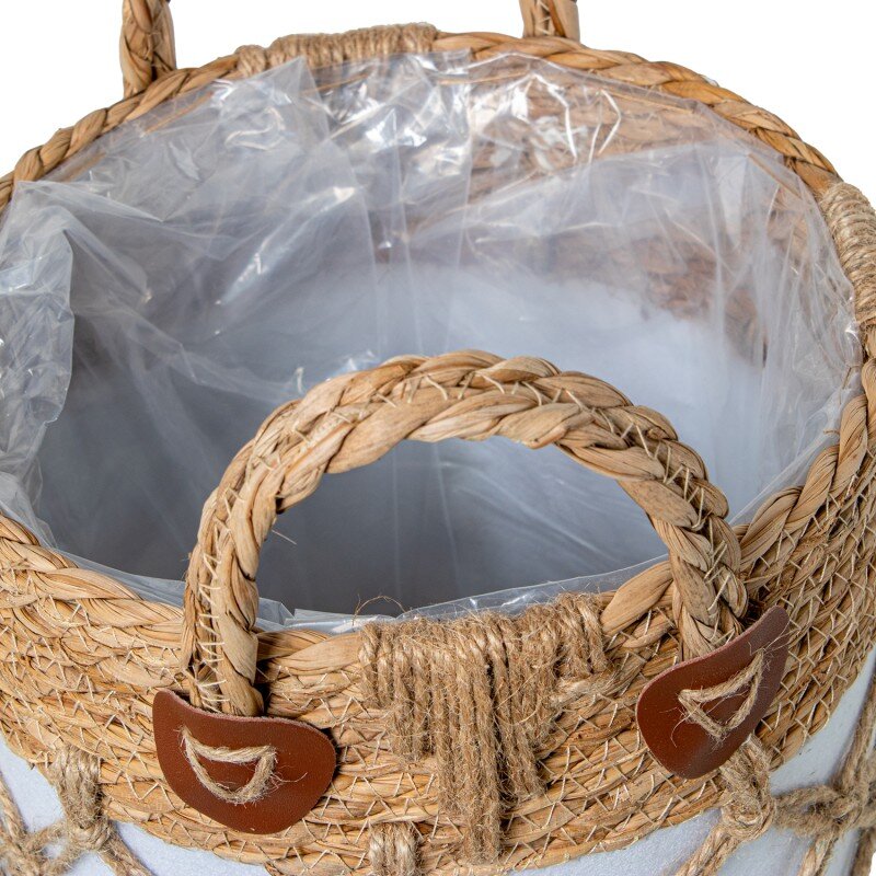 Set 3 Cestos Mimbre Natural Tela Blanca C/flecos Ø33x43+ø30x37+ø24x31cm - Image 2