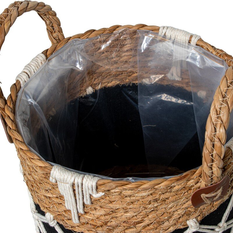 Set 3 Cestos Mimbre Natural Tela Negra C/flecos Ø33x43+ø30x37+ø24x31cm - Image 2