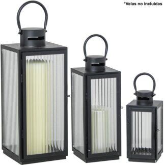 Set 3 Faroles Portavelas Metal Negro 11x10x22+13x12x32+17x16x40cm