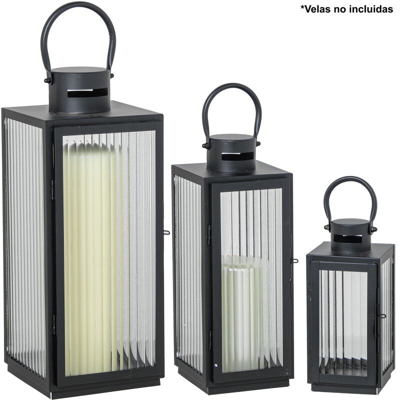 Set 3 Faroles Portavelas Metal Negro 11x10x22+13x12x32+17x16x40cm