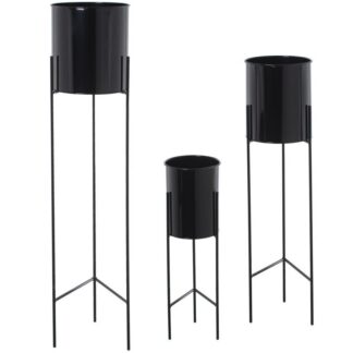 Set 3 Maceteros Metal Negro C/pie Negro Ø21x93+ø18x75+ø16x51cm