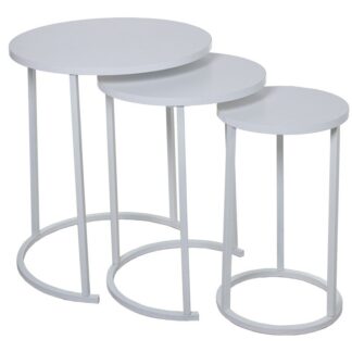 Set 3 Mesas Aux. Madera Patas Metal Blanco, Madera Blanca Ø48x58+ø38x52,5+ø28x48cm