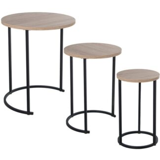 Set 3 Mesas Aux. Madera Patas Metal Negro Sobre Roble Ø48x58+ø38x53+ø28x48cm