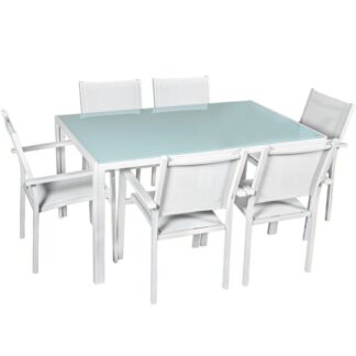 Set Mesa Comedor+6 Sillas Aluminio/ Textileno Blanco +91984 Mesa:150x90x74 Silla:56x62x88