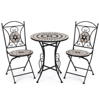 Set Mesa Y 2 Sillas Jardin Piedra/metal Negro +70142 Ø60x72cm+38x38x92cm