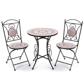 Set Mesa Y 2 Sillas Jardin Piedra/metal Negro +70154 Ø60x72cm+38x38x92cm