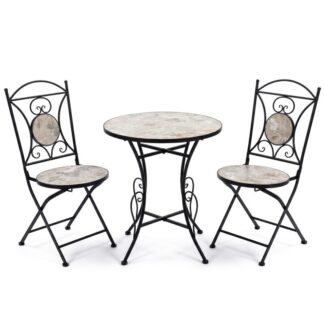 Set Mesa Y 2 Sillas Jardin Piedra/metal Negro +70158 Ø60x72cm+38x38x92cm