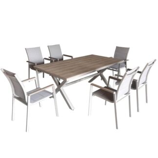 Set Mesa Y 6 Sillas Exterior Aluminio Topo Acabado Madera 180x100x75cm / 64x55x91cm