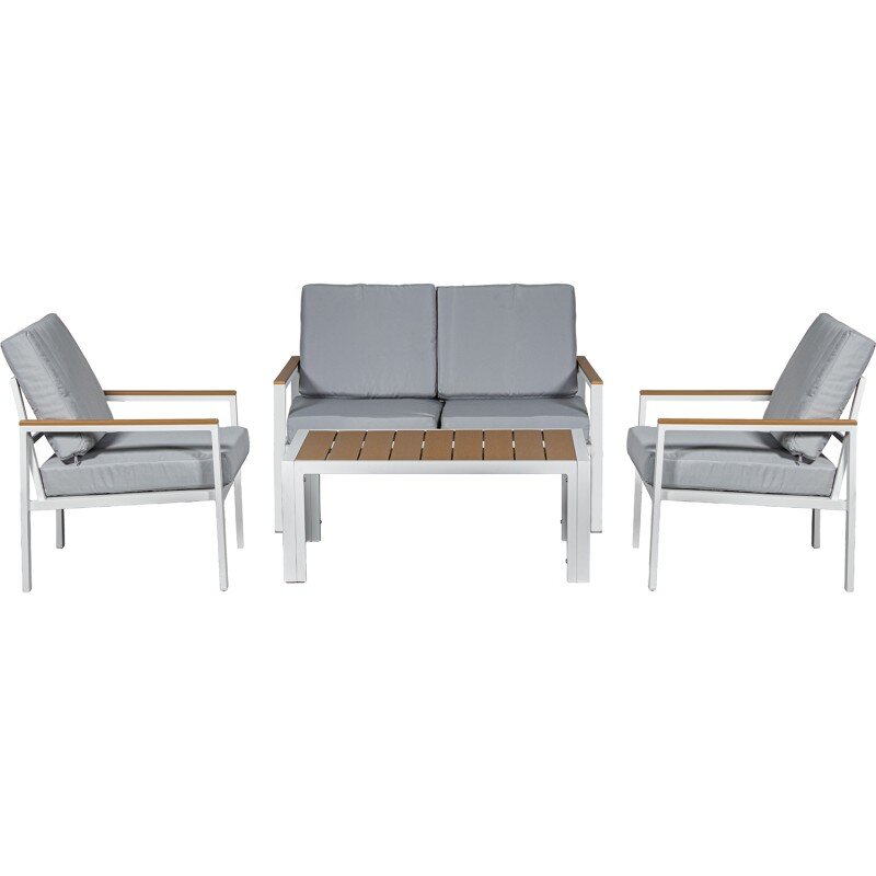Set Sofá 2p+2 Sillones+mesa Aluminio Blanco Cojines Gris Sofá:116x71x68 Mesa:98x54x39c