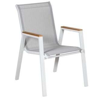 Silla Aluminio Blanco Textileno Gris Acabado Madera Apilable 55x73x90cm