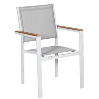 Silla Aluminio Blanco Textileno Gris Acabado Madera Apilable 50x60x86cm