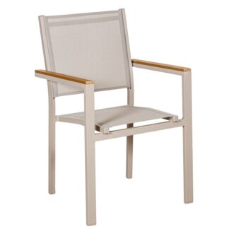 Silla Aluminio Textileno Crema Acabado Madera Apilable 50x60x86cm