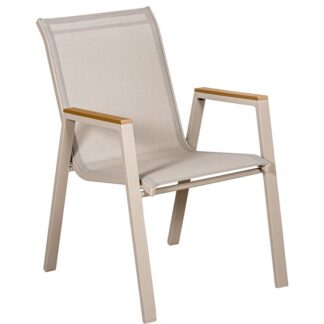 Silla Aluminio Textileno Crema Acabado Madera Apilable 55x73x90cm