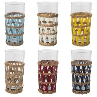 Vaso Alto Cristal Transp. 350ml C/mimbre Colores Surtidos Ø7,5x16cm, Mimbre Desenfundab