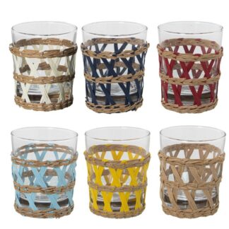 Vaso Bajo Cristal Transp. 200ml C/mimbre Colores Surtidos Ø8x9,5cm, Mimbre Desenfundabl