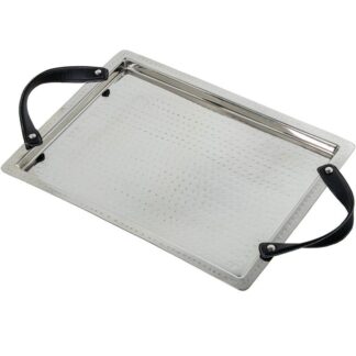 Bandeja Acero Inox. C/asas Cuero, Martillado Brillo 46x34x6cm Int:41x29cm