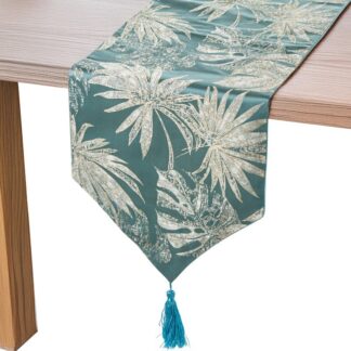 Camino De Mesa 30x180cm Azul 100% Poliéster Deco. Hojas 30x180cm