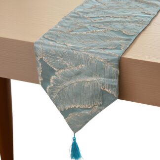 Camino De Mesa 30x180cm Azul Hojas Marrón 100% Poliéster 30x180cm