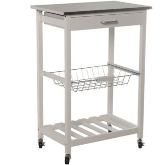Carro Cocina C/cajón Y Balda Madera Blanca-tapa Acero Inox. 57x37x83,5cm-madera:pino Y Dm