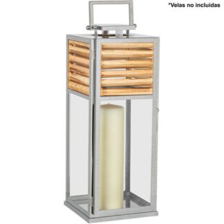 Farol Portavelas 54cm Metal Cromado/madera 20x21x54cm