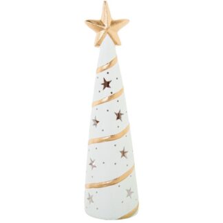Figura Portavelas Cerámica 51cm Pino C/estrella Blanca/oro Ø13x51cm