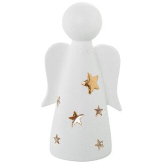 Figura Portavelas Ceramica Angel Blanca/oro 16x13x31cm