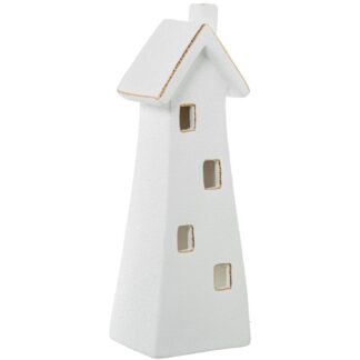 Figura Portavelas Cerámica Casa Blanca/oro 11x9x35cm