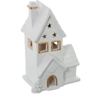 Figura Portavelas Ceramica Casa Blanca/oro 20x15x32cm