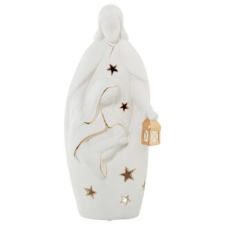 Figura Portavelas Ceramica Natividad Blanca/oro 18x9x40cm
