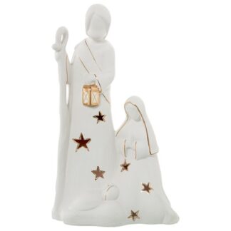 Figura Portavelas Ceramica Natividad Blanca/oro 23x12x39cm
