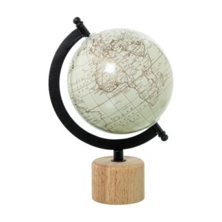 Globo Terraqueo Metal Blanco Base Madera 15x13x21.5cm
