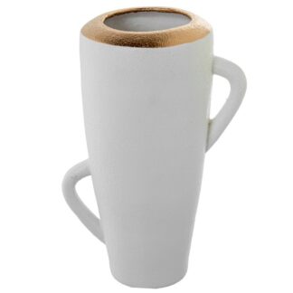 Jarrón Cerámica Blanco C/asas Doradas Filo Dorado 27x20x45cm