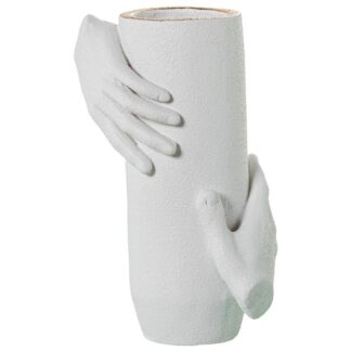 Jarrón Cilindro C/manos 33cm Cerámica Blanco Arena/dorado 21x15x33cm