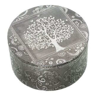 Joyero Metal Plateado Redondo Deco. Árbol De La Vida Ø12x7cm