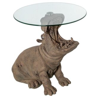 Mesa Auxiliar Cristal C/base Resina Hipopótamo 60x49x58cm