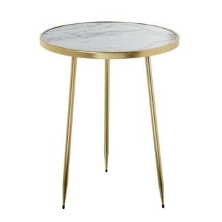 Mesa Auxiliar Madera Marmol Borde Dorado Patas Metal Dorado Ø40x50cm
