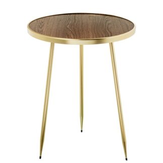 Mesa Auxiliar Madera Nogal Borde Dorado C/patas Metal Dorado Ø40x50cm