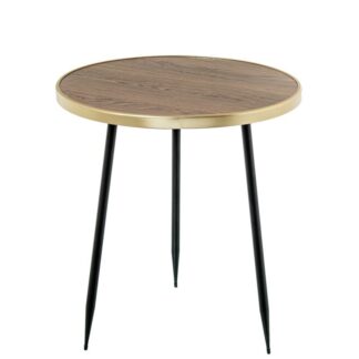 Mesa Auxiliar Madera Nogal Borde Dorado C/patas Metal Negro Ø40x43.5cm