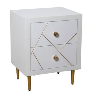 Mesa De Noche Madera 2 Cajones Blanco, Patas Metal Oro 50x40x63cm