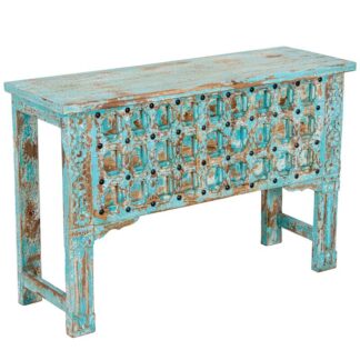 Mesa Entrada Mango Celeste C/remaches Metal 120x40x80cm