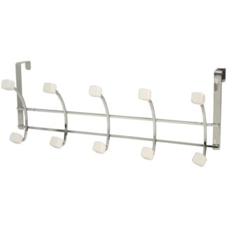 Percha Puerta 5 Ganchos Cromado, Pomos Madera Blanco Mate 49x13x20cm
