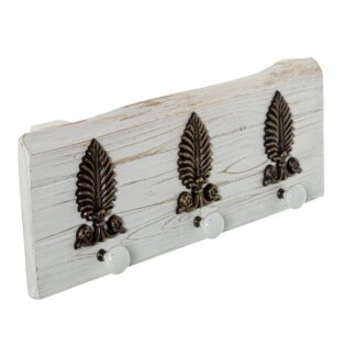Perchero Madera C/3 Ganchos Cerámica Blanca Y Adornos Metal 48x7x18cm