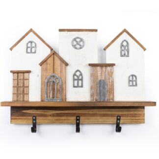 Perchero Pared Madera Casas C/3 Ganchos Metal 60x8x41cm