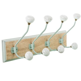Perchero Pared Madera Mango C/4 Ganchos Hierro/ceramica 48x14x19cm Base:48x2x10cm