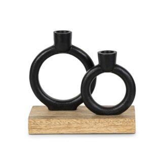 Portavelas Metal Negro C/base Madera 20x18x7cm, Para 2 Velas