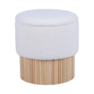 Puf Tapizado Blanco C/base Madera Natural Ø39x41cm
